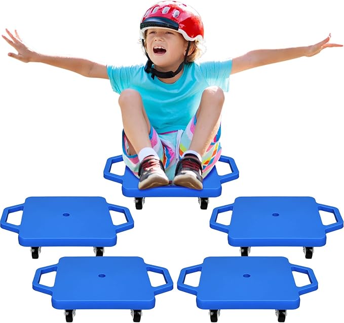 Jerify 4 Pieces Sports Scooter Board with Handles Plastic Casters Floor Sitting Scooter Boards for Kids Children Gym Indoor Outdoor Activities Play Equipment, 11.22 x 11.22 inch