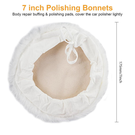 Linkstyle 6PCS 7 Inch Wool Buffing Pads Kit, Lambs Wool Polishing Bonnet Pads with Drawstring, Drill Buffer Polisher Attachment for Car Detailing, Furniture, Glass, Metal, DIY Polishing