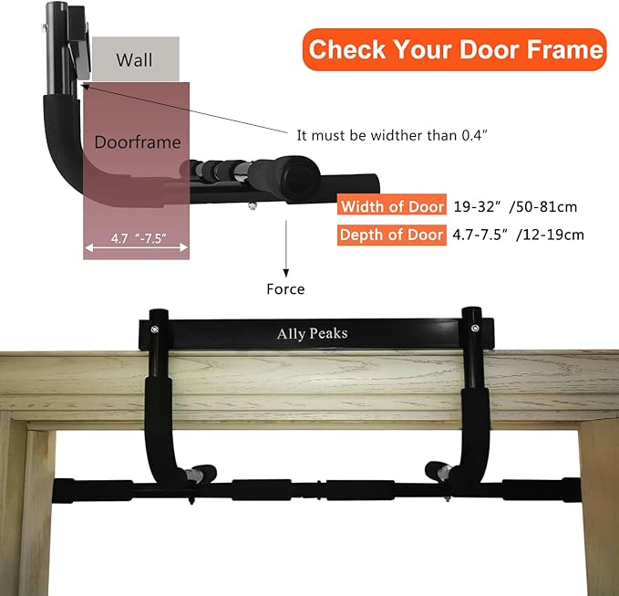 Ally Peaks Pull Up Bar for Doorway | Thickened Steel Max Limit 440 lbs Upper Body Fitness Workout Bar| Multi-Grip Strength for Doorway | Indoor Chin-Up Bar Fitness Trainer for Home Gym Portable |180