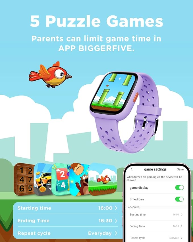BIGGERFIVE Smart Watch for Kids No APP No Phone Needed, 1.8" Fitness Tracker Watch Pedometer, Heart Rate, Sleep Monitor, IP68 Waterproof, Step Counter, Puzzle Games for Girls Teens 5-16, Lilac