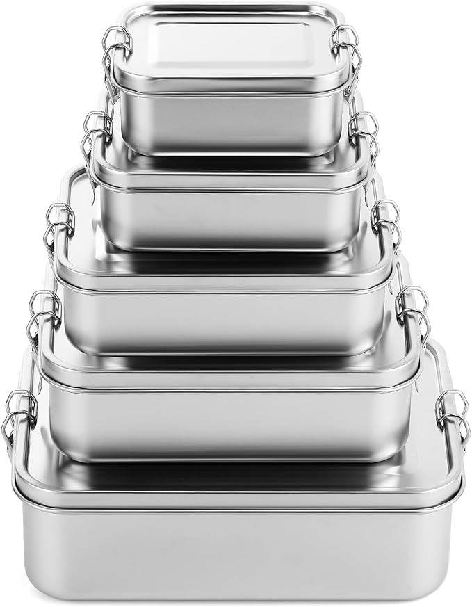 Umigy 5 Pcs Stainless Steel Food Containers Metal Bento Lunch Box Stainless Steel Food Storage Containers, Lockable Clips to Leak Proof, Reusable Dishwasher Snack Boxes for Work, Picnic (5 Sizes)