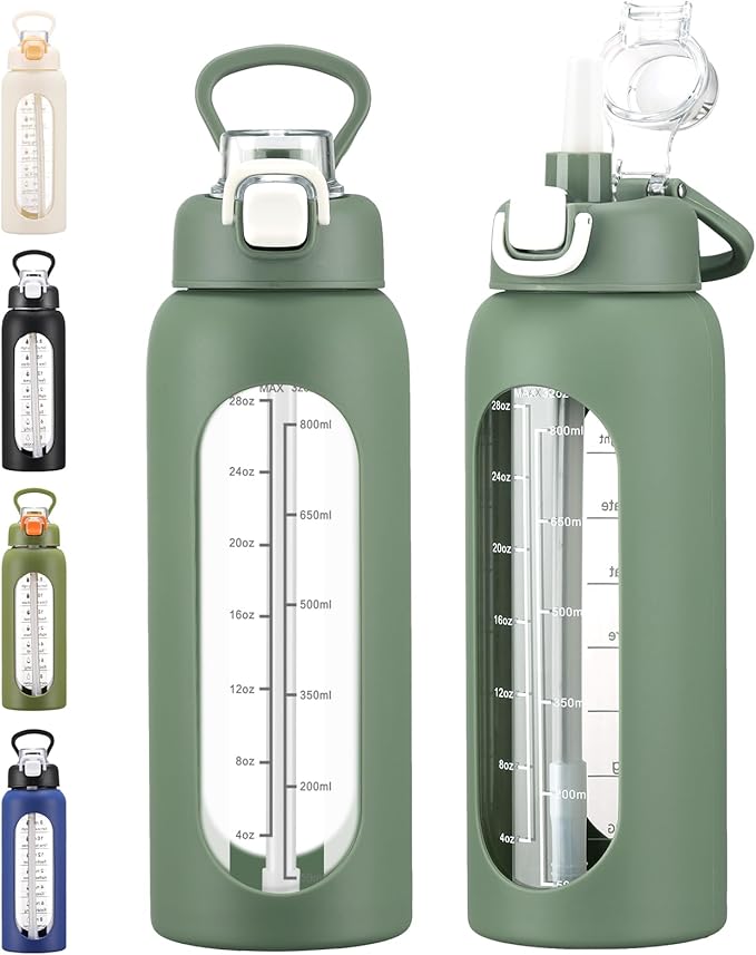 32 oz Glass Water Bolttles with Straw Large Motivational Water Bottle with Time Marker Sports Water Bottles with Silicone Sleeve and Handle Lid Water Jug for Gym Workout