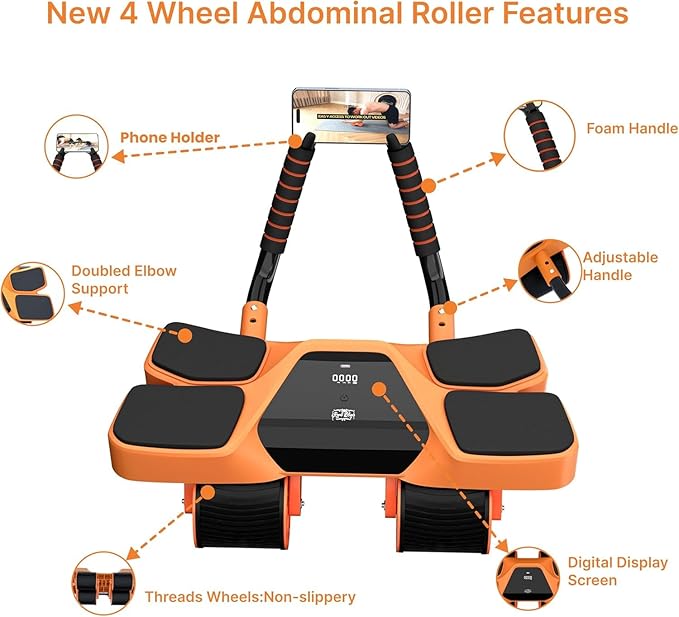 2025 New 4-Wheel Abdominal Roller with Elbow Support : Latest Upgraded High-Performance Exercise Machine With Automatic Rebound, Multi- layered Anti-Slip Design with Calorie Counting LCD Screen
