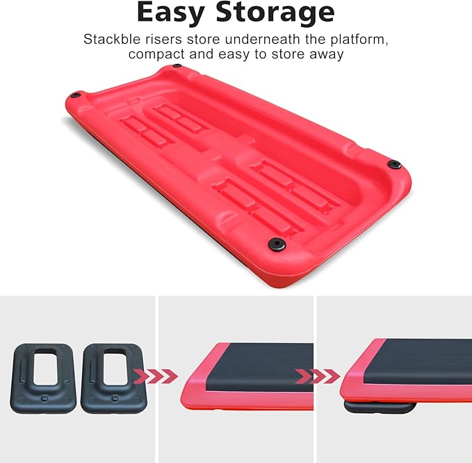 28.5'' Exercise Aerobic Step Platform, 4-6-8inAdjustable Fitness Stepper Workout with 4 Stackable Risers, Aerobics Stepper Workout Stepper for Home Gym Cardio Strength & Training (Red & Gray)