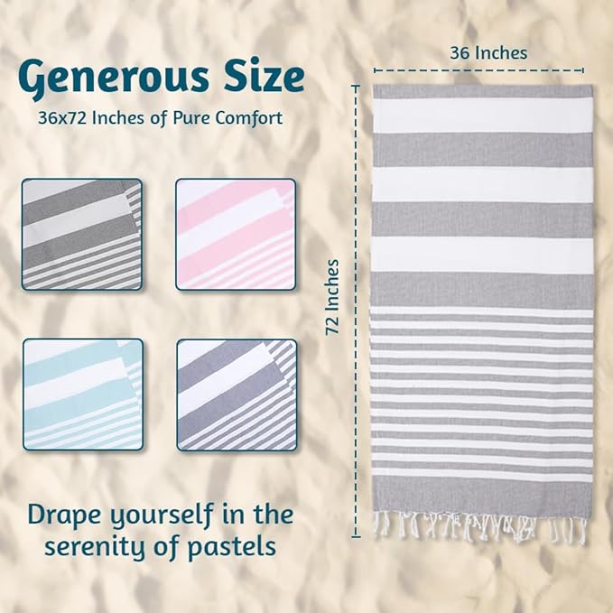 Urban Villa Set of 6 Peshtemal Turkish Beach Towel Oversized 36x72 Absorbent Extra Large - Sand Free Quick Dry Bath Towels - Lightweight Travel Cruise Camping Spa Towels - Grey
