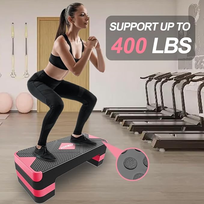 EVERYMILE Aerobic Exercise Step, Adjustable Aerobic Stepper for Exercise, Workout Step Platform, Step Up Box, 26.5" Step Deck with 4” 6” 8” Adjustable Height Risers, Women Home Gym Fitness