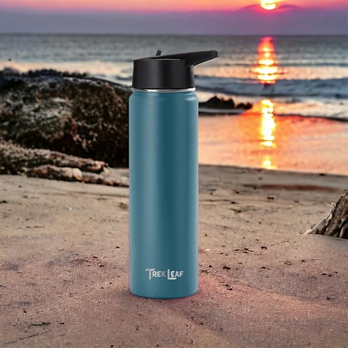 Travel Water Bottle with 3 Lids (Spout, Straw, Flip) Leak Proof, Quality, Vacuum Insulated, Stainless Steel (Cascade Teal, 22 oz)