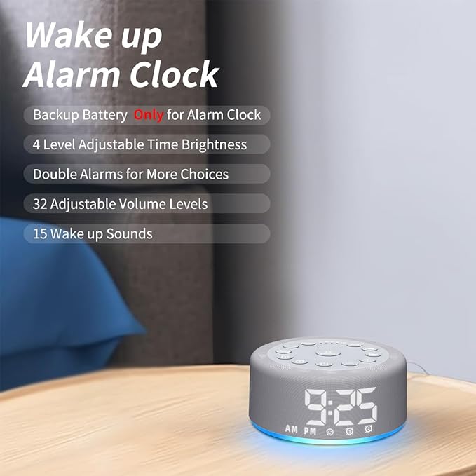 Sound Machine Night Light White Noise Brown Noise Machine Alarm Clock with Dual Alarms Backup Battery 30 Sleeping Sounds for Baby Kids Adults 32 Level Volume 5 Timers 15 Wake Up Sounds Memory Function
