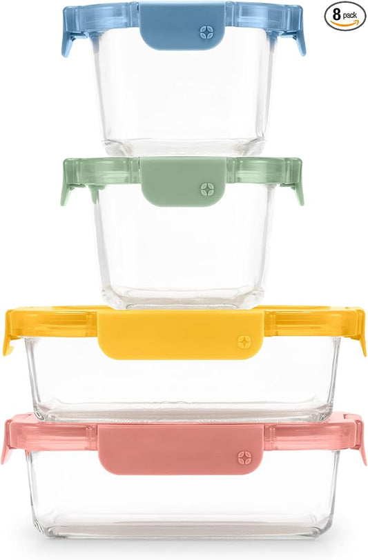 Ello Color Lock 8PC Mixed Glass Food Storage Sets, Leak-Proof Glass Food Storage Containers with Airtight BPA-Free Plastic Lids, Dishwasher, Microwave, and Freezer Safe, Desert Festival
