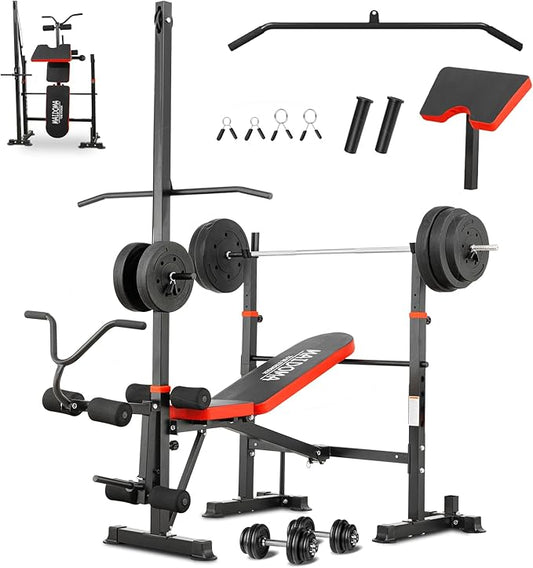 1500LBS 8 in 1 Olympic Weight Bench Set with Leg Extension/Curl and Preacher Curl, Bench Press Set and barbell Rack with Safety Bar Catches, Foldable Workout Benches for Home(US Stock)