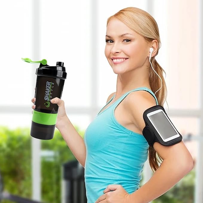 Shaker Bottle - Protein Shaker Cup with Storage Compartments - Leak-proof Workout Shake Bottles with Mixer for Smooth Mixing-500ML/16oz (GREEN & BLACK)