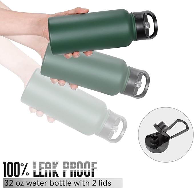 32 oz Insulated Water Bottle Bulk 4 Pack, Stainless Steel Sports Water Bottles with Straw Lid & Wide Mouth Lids, Double Walled Vacuum, Leak Proof, Dark Green
