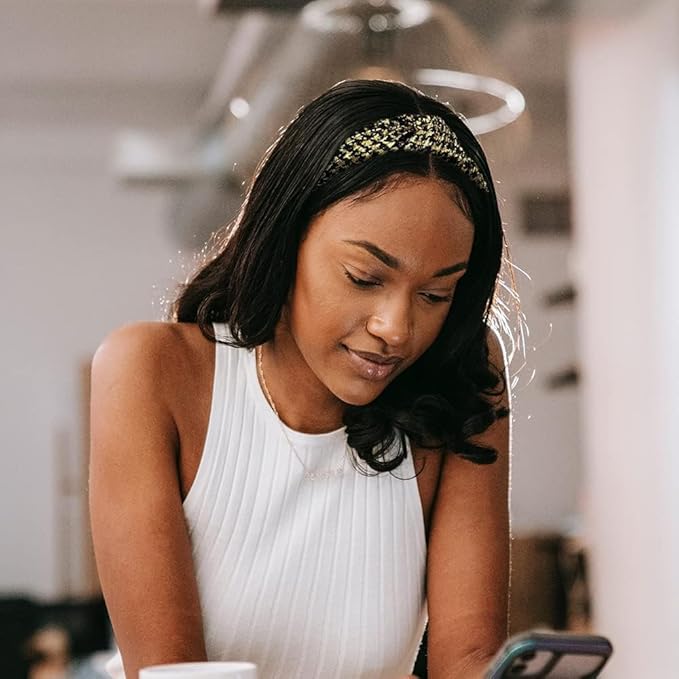 Madison Tyler Headbands for Women | Fashion Boho Headbands Top Knotted With Rhinestones Elastic Workout Hairbands | Outdoor and Party Headbands for Women Non Slip. (BLACK AND GOLD LACE)