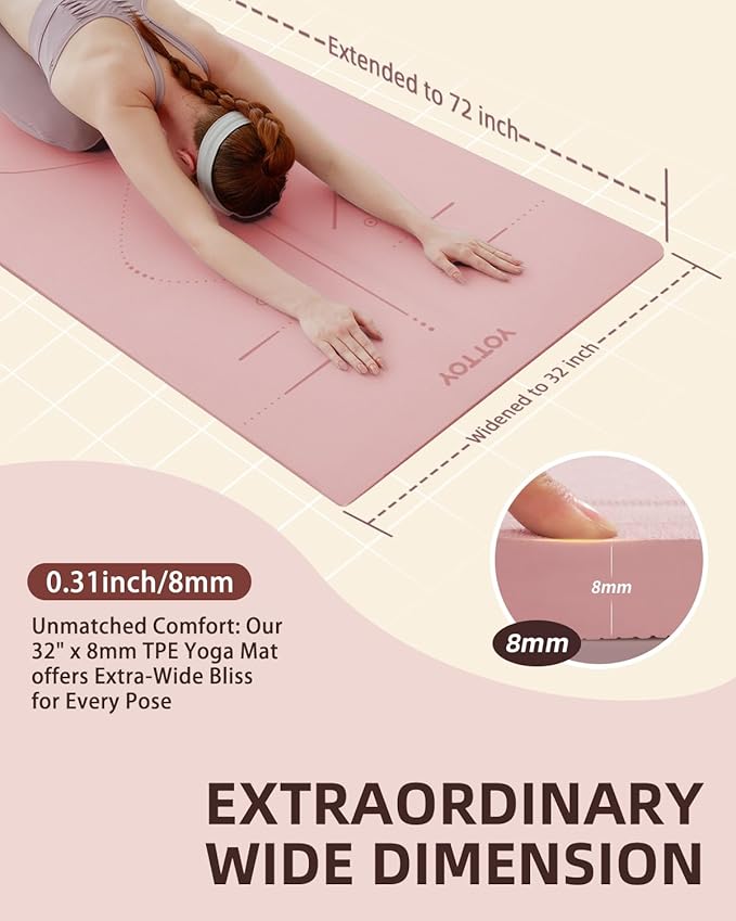 YOTTOY Yoga Mat, 72"x 32"x1/3" Extra Wide Non-Slip Exercise Fitness Yoga Mats,Eco-Friendly TPE Exercise Mats for Women Men Home Workout with Strap Bag