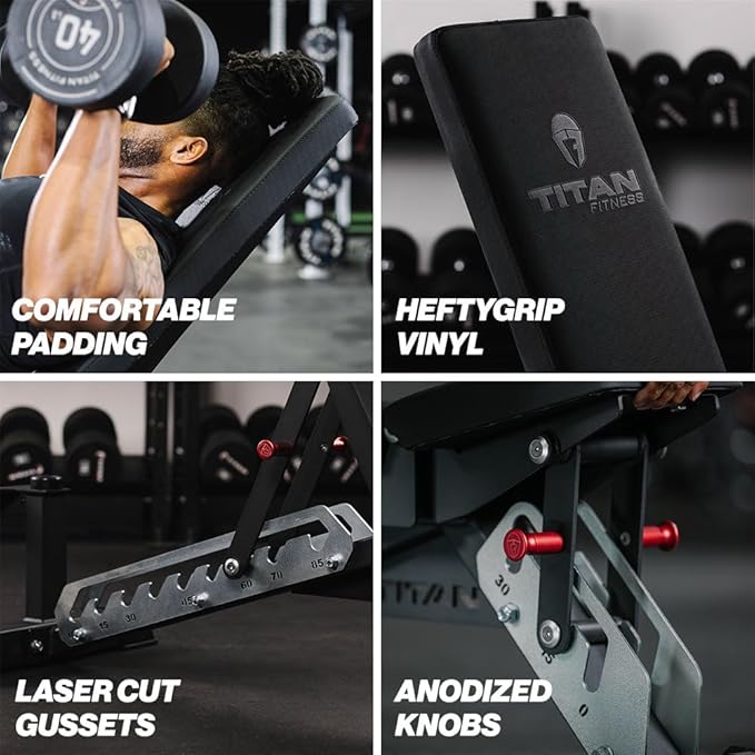 Titan Fitness TITAN Series Adjustable Bench, Supports 600 LB Incline, 1,000 LB Flat, Versatile Single Post Utility Workout Bench for Home Gym, Weightlifting, Strength Training