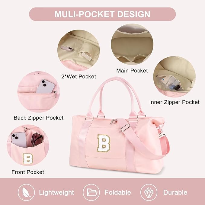 Dance Gym Duffel Bag for Teen Girls, Personalized Initial Travel Weekender Bag,Cute Overnight Carry On Duffle for Women,Sports Travel Cheer Bag,Monogram Christmas Gifts for Tween Preppy(pink-B)