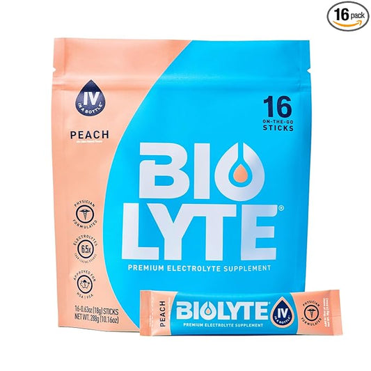 BIOLYTE IV Electrolyte Powder Packets, IV Liquid Drink Mix for Water, Doctor-Developed Hydration, Approved Dehydration Relief, Chemotherapy Must Haves for Women & Men - Peach (16 Sticks)
