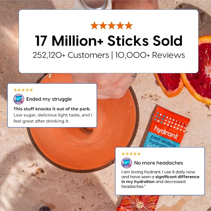 Hydrant - Hydrate Electrolyte Powder, Blood Orange Flavor, 12 Rapid Hydration Individual Stick Packs - Low Sugar Drink Mix for Daily Use, Travel & Workouts