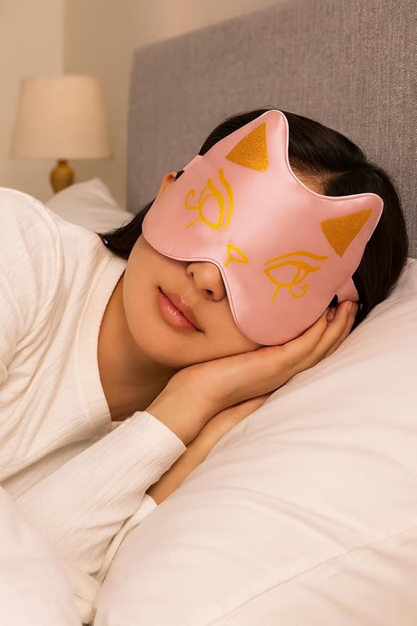 Silk Sleep Mask Blindfold Eye Mask for Sleep Cute Cat Print Embroidered Eye Cover Adjustable Oversized Egyptian Bastet with Gift Box&Pouch(Sekhmet Mauve-Adjustable Strap)