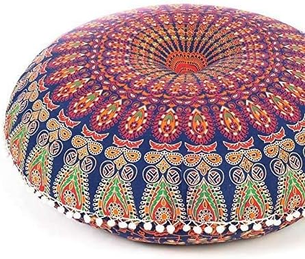 Eyes of India - Mandala Floor Pillow Cover Meditation Cushion Seating Throw Hippie Round Colorful Decorative Bohemian Indian Pouf Ottoman Handmade Cover ONLY (A1 Dark Blue-2, 32" x 32")