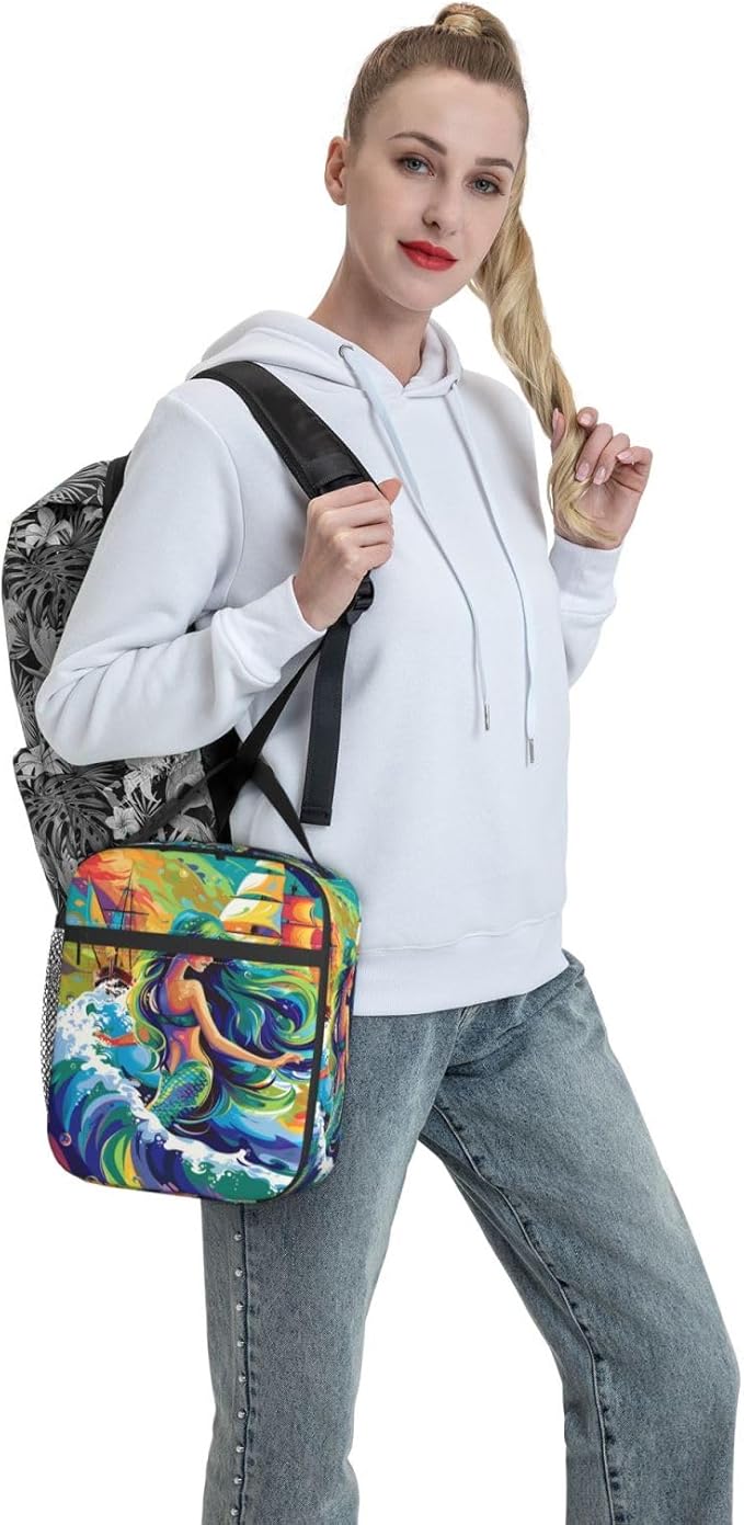 Insulated Lunch Box for Women Men, Cute Mermaid Theme Lunch Box Reusable Portable Lunch Bag Cooler Tote Waterproof Lunch Container for Office Picnic Work Travel