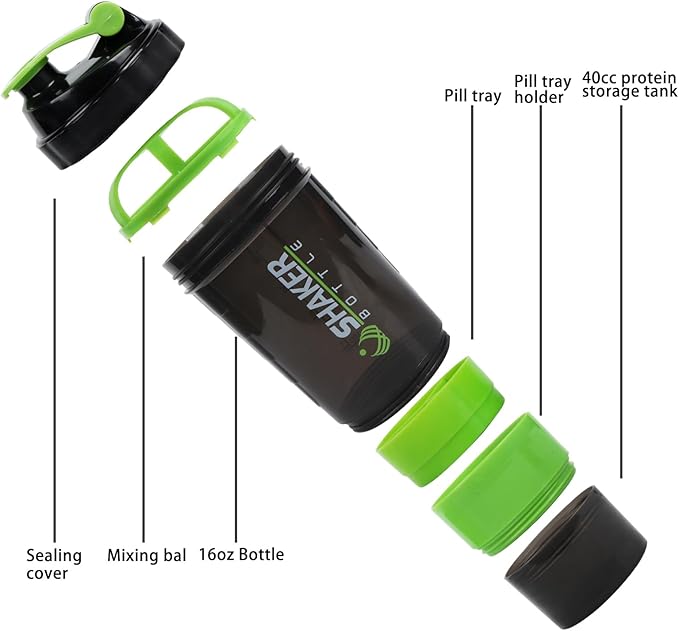 Shaker Bottle - Protein Shaker Cup with Storage Compartments - Leak-proof Workout Shake Bottles with Mixer for Smooth Mixing-500ML/16oz (GREEN & BLACK)
