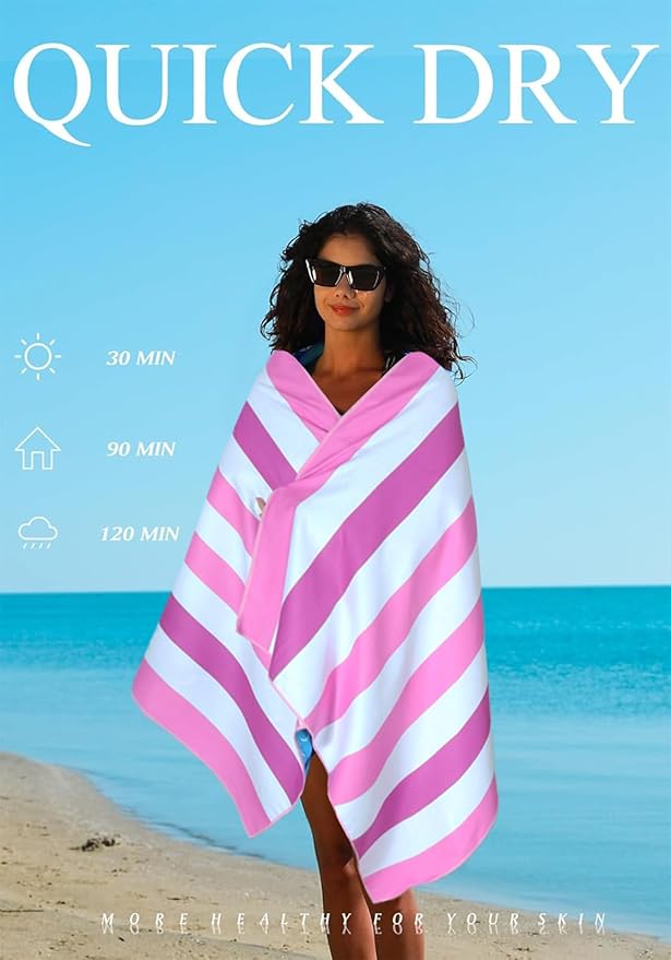 2 Pack Microfiber Lightweight Thin Beach Towel Sand Free Quick Dry Super Absorbent Large Towels for Swimming Pool Yoga Gym Travel Vacation Beach Accessories Essentials Stripes