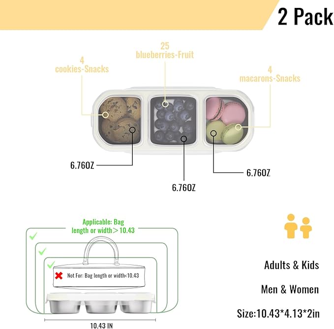 Stainless Steel Snack Containers for Kids Adults, 2 Pack 3 Compartment Metal Snack Containers Box with Lid, Reusable Food Storage Container, Leak Proof, Grab and Go