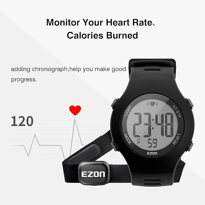 EZON Heart Rate Monitor Chest Strap and Digital Watch,5ATM Waterproof Fitness Tracker with HRM,Calories Burned,Stopwatch and Hourly Chime - Ideal Fitness Presents for Men and Women