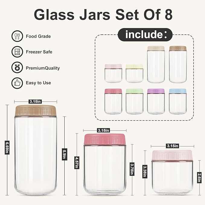 Overnight Oats Containers with Lids, Glass Jars with Lids 8 pcs, Wide Mouth Mason jars for Salad, Yogurt, Snacks, Meal Prep