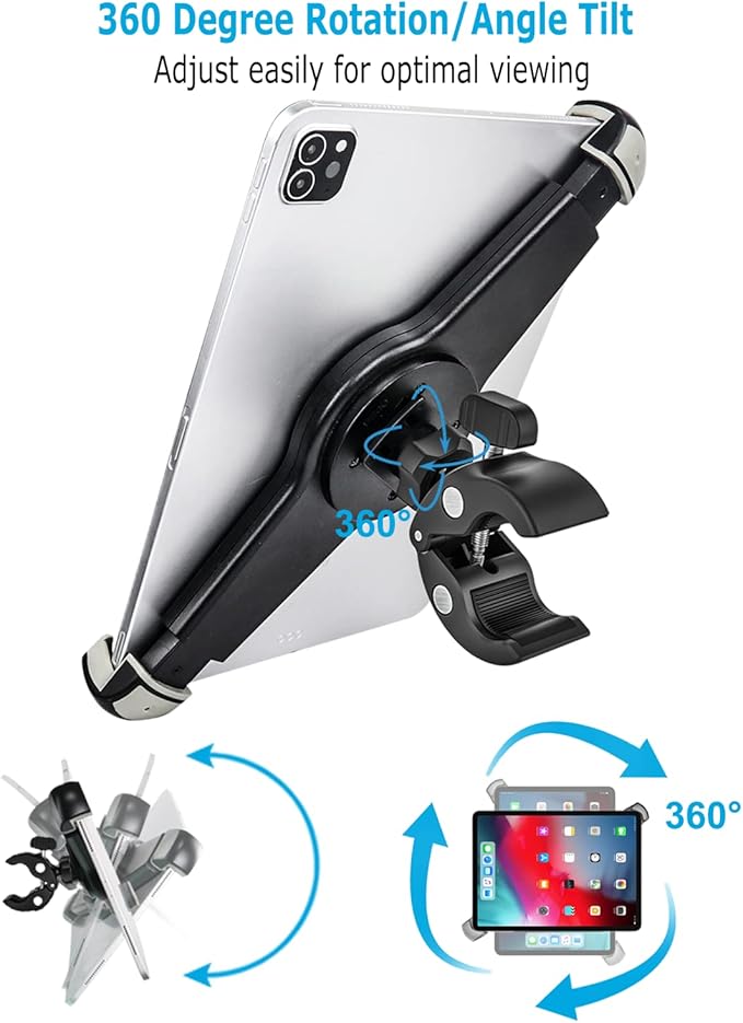 Bike Handlebar iPad Holder for 9.5-14.5" Tablets, Universal Fit, 360 Rotation, Black