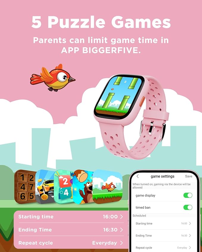 BIGGERFIVE Smart Watch for Kids, 1.8" Fitness Tracker Watch Pedometer, Heart Rate, Sleep Monitor, IP68 Waterproof, Calorie Step Counter, Puzzle Games with/Without APP for Girls Teens 5-16, Pink