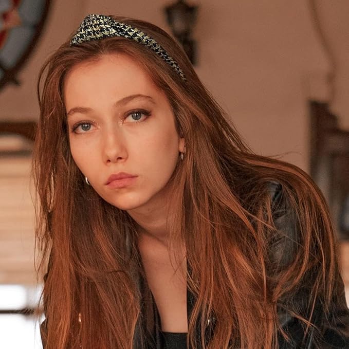 Madison Tyler Headbands for Women | Fashion Boho Headbands Top Knotted With Rhinestones Elastic Workout Hairbands | Outdoor and Party Headbands for Women Non Slip. (BLACK AND GOLD LACE)