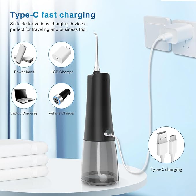 Cordless Water Dental Flosser oral irrigator,JNGOODS 300ml Rechargeable water flosser for teeth IPX7 Waterproof 4 Modes portable Oral Irrigator with 4 jet tips, Travel Home use (Black)