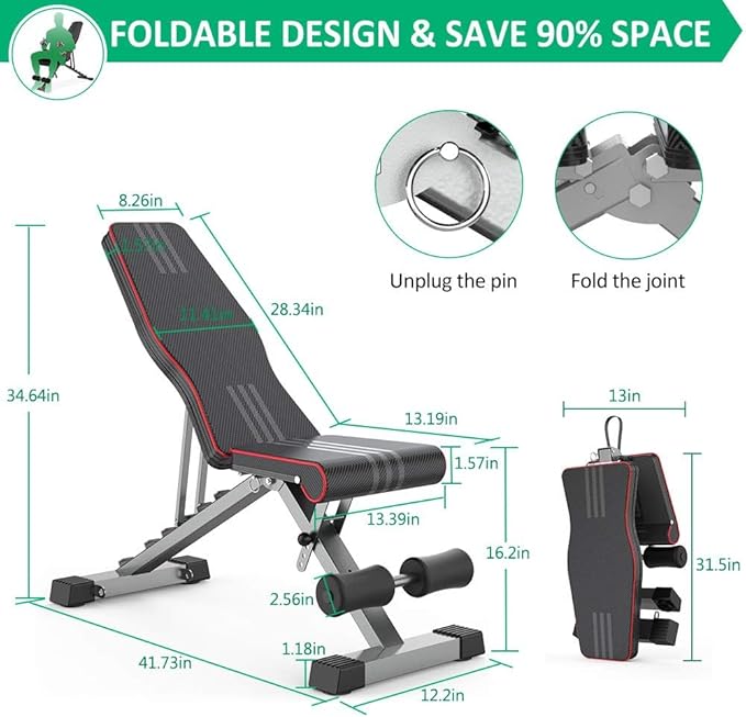 Adjustable Weight Bench for Bench Press, Heavy Duty Stable Workout Bench Foldable Weight Benches for Home Gym, Incline/Decline 90 Degree Bench Exercise Bench