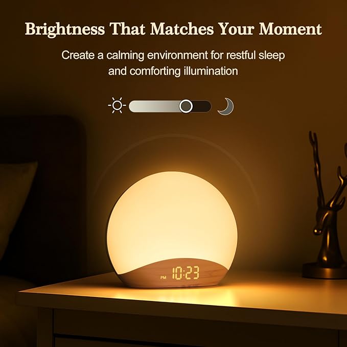 REACHER Wood Grain Sunrise Alarm Clock and Sound Machine Nightlight, Digital Dimmable Clock for Bedroom, 26 Sleep Sounds, White Noise Machine for Baby, Adults, Wake Up Light Alarm Clock for Kids