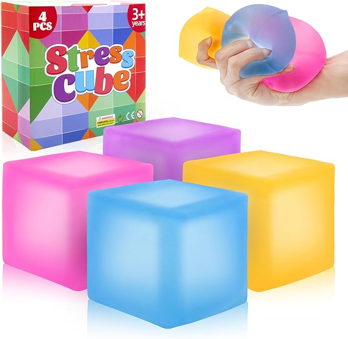 4 Pack Stress Cube Fidget Toys Large Size Squishy Stress Balls for Adults Kids, Sensory Calming Toys Slow Rising for Relaxation, Squishies Anxiety Stress Relief Toy with Thick Substance