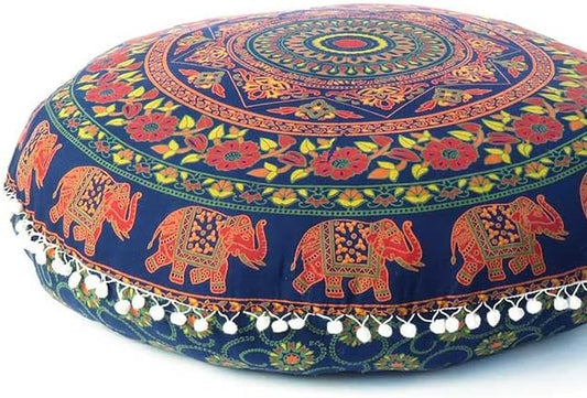 Eyes of India - Mandala Floor Pillow Cover Meditation Cushion Seating Throw Hippie Round Colorful Decorative Bohemian Indian Pouf Ottoman Handmade Cover ONLY (M1 Dark Blue-2, 32" x 32")
