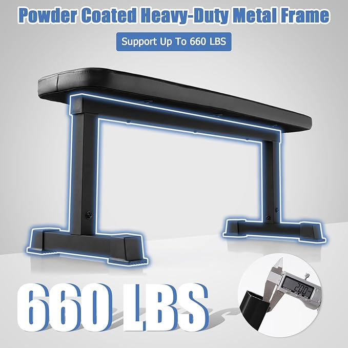 GYMAX Flat Weight Bench, 660lbs Easy Assembly Weight Bench Press with Thick Cushion & Anti-slip Foot Pads, Compact Strength Training Equipment for Home Gym Exercise