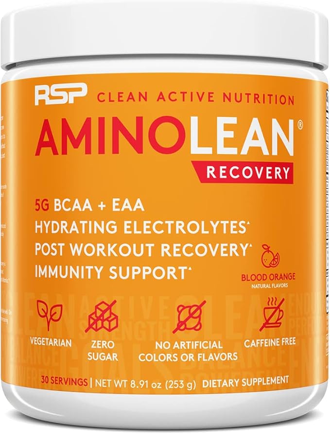 AminoLean Hydrating Electrolyte Powder and Recovery Drink with Sea Minerals, Nootropic Mushrooms, and Vegan Amino Acids, BCAAs + EAAs for Post Workout Muscle Building, Blood Orange