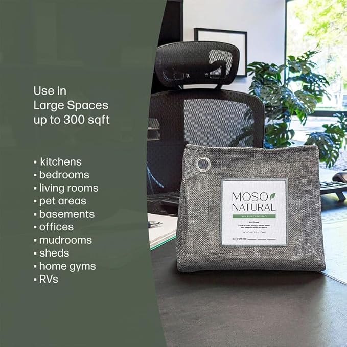 Moso Natural Air Purifying Bag 600g, Premium Bamboo Charcoal Odor Absorber, Room Deodorizer for Large Spaces, Bedroom, Kitchen, Basement, Pet Odor Eliminator for Home, 21oz Charcoal Bags (2 Pack)