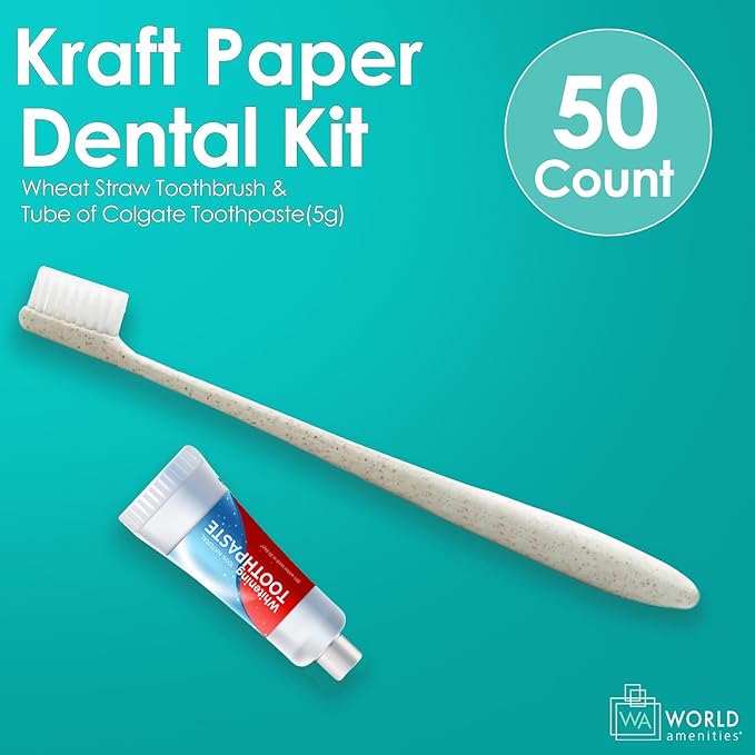 World Amenities Kraft Paper Dental Kit - Wheat Straw Toothbrush and Toothpaste Dental Care Kit (25)