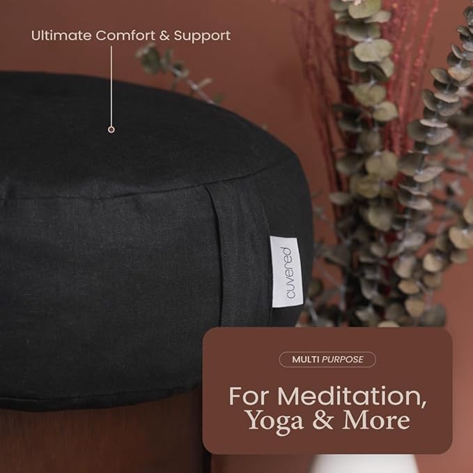 Meditation Cushion - 15" Buckwheat Pillow with Removable Cotton Cover and Carry Handle - Round Floor Cushion for Yoga, Meditation, Pilates, and Floor Sitting - Meditation Pillow by Cuvered