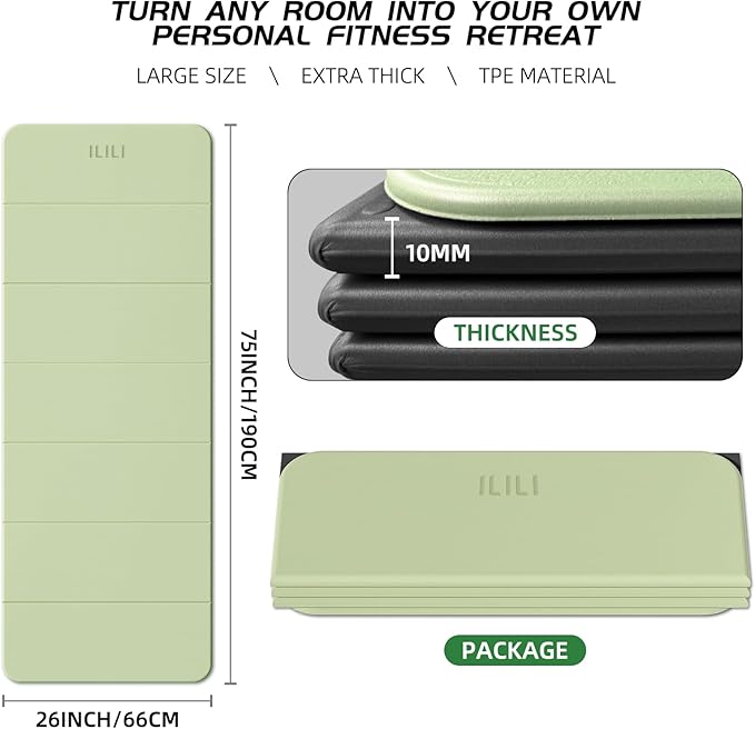 ILILI Foldable Yoga Mat, 10mm Thick, TPE Material, Extra Long 75"L x 26"W, Soft and Comfortable Folding Mat 0.4 Inches, Easy to Carry and Store, 190*66cm Portable Multi-Functional Use for Yoga, Home Exercise & Outdoor