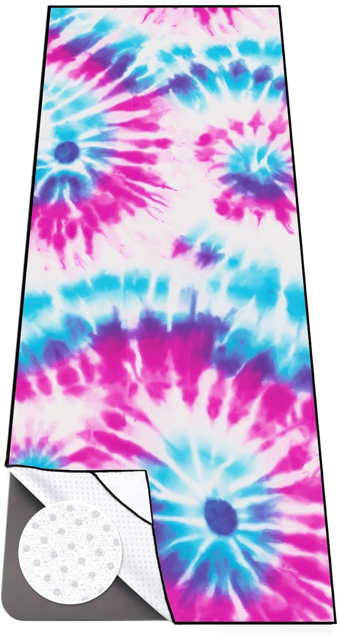 Colorful Star Yoga Towel with Corner Pockets, Non Slip Grip Dots Sweat Absorbent Hot Yoga Mat Towels, Yoga Blankets with Travel Bag, Mat Cover for Workout, Gym, Fitness - 70"x26", Pink Blue Tie-dye