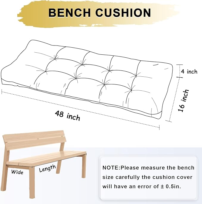 Bench Cushion 48 Inch - Chenille Fabric, High-Density Foam, Non-Slip Bottom, Soft Durable Indoor Tufted Long Seat Cushion for Window Garden Furniture (Yellow, 48x16x4 Inch)
