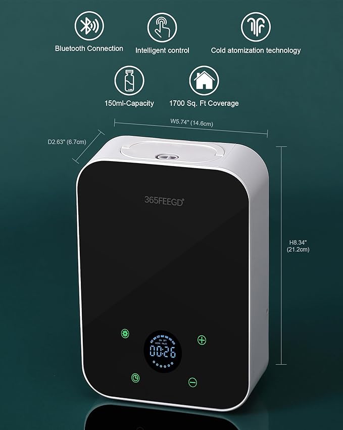 Waterless Oil Diffuser - Pure Essential Oil Diffuser with App Control - 150ml/1700 Sq.Ft. Coverage for Effective Aromatherapy in Home/Office/Hotel (White Black)