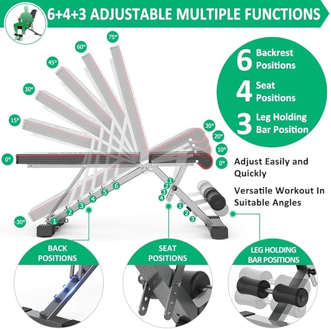Adjustable Weight Bench for Bench Press, Heavy Duty Stable Workout Bench Foldable Weight Benches for Home Gym, Incline/Decline 90 Degree Bench Exercise Bench