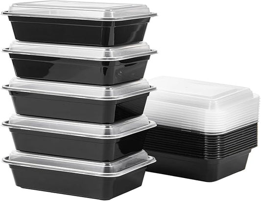 24 oz Meal Prep Containers With Lids Reusable 150 Pack Extra-thick Plastic Food Storage Black Disposable To Go Lunch Box BPA Free Stackable Microwave Dishwasher Freezer Safe (Formerly FULING)