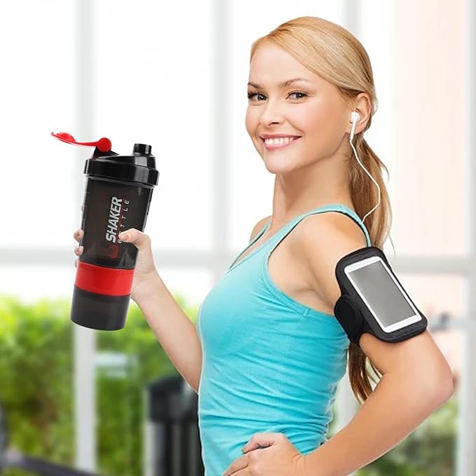 Shaker Bottle,16oz Protein Shaker Bottles with Mixing Ball, 3 in 1 Leak-proof GYM Shake Cup with Powder Storage & Pill Tray, Ideal for Workout,BPA Free(Red)